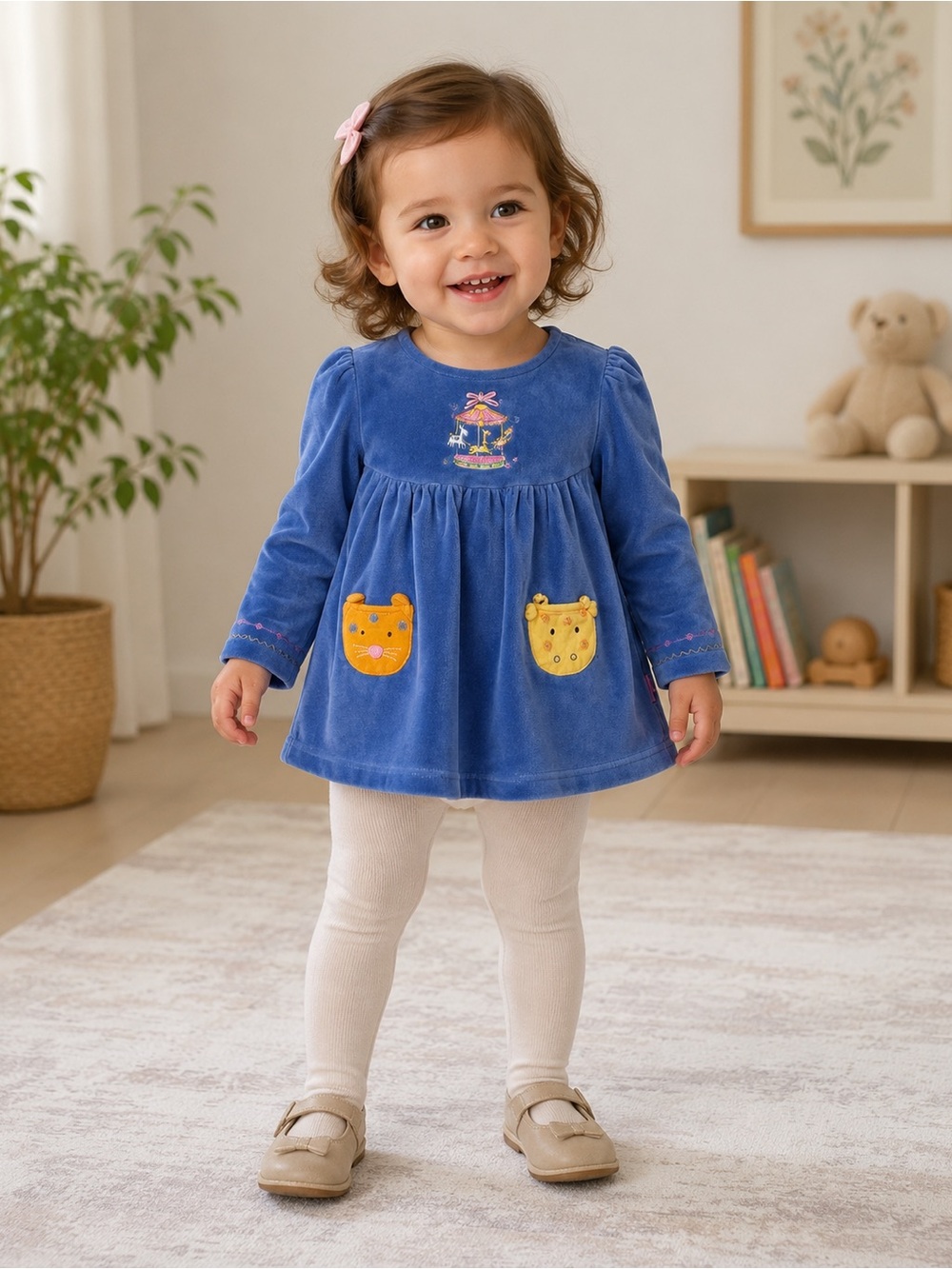 Le Top Girls 18M Blue Velour Carousel Pocket Tunic Top Dress Toddler Long Sleeve